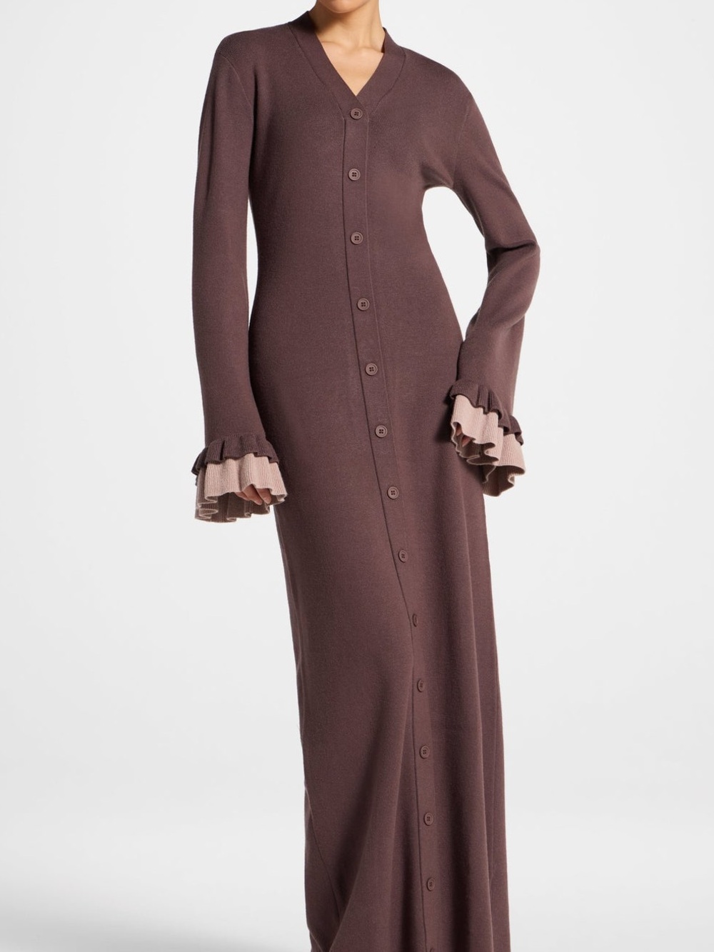 Veiled Knit Button Front Maxi Dress - Deep Taupe